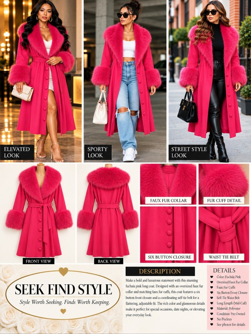 SHEIN Curve 3XL Fuchsia Pink Faux Fur Trim Belted Long Light Weight Over Coat